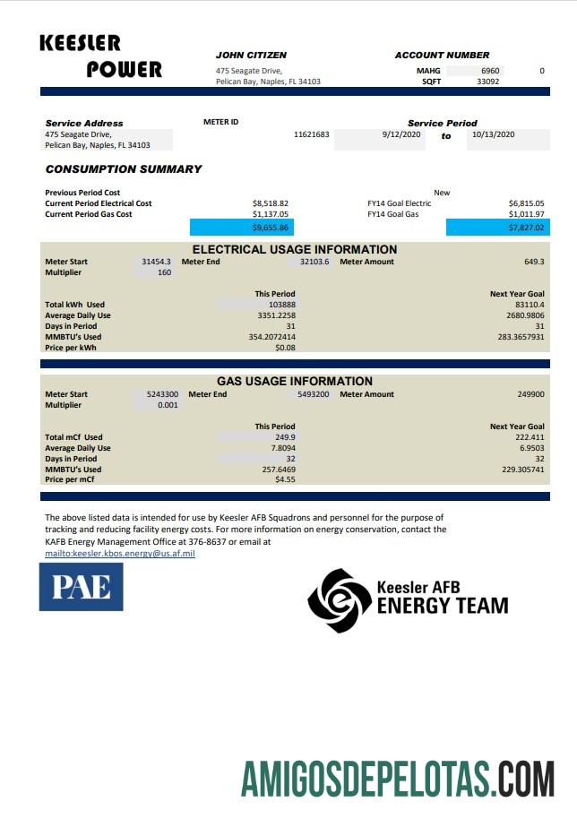 imprimível Modelo de conta de serviços públicos de energia da Base Aérea Mississippi Keesler dos EUA em formato Word e PDF